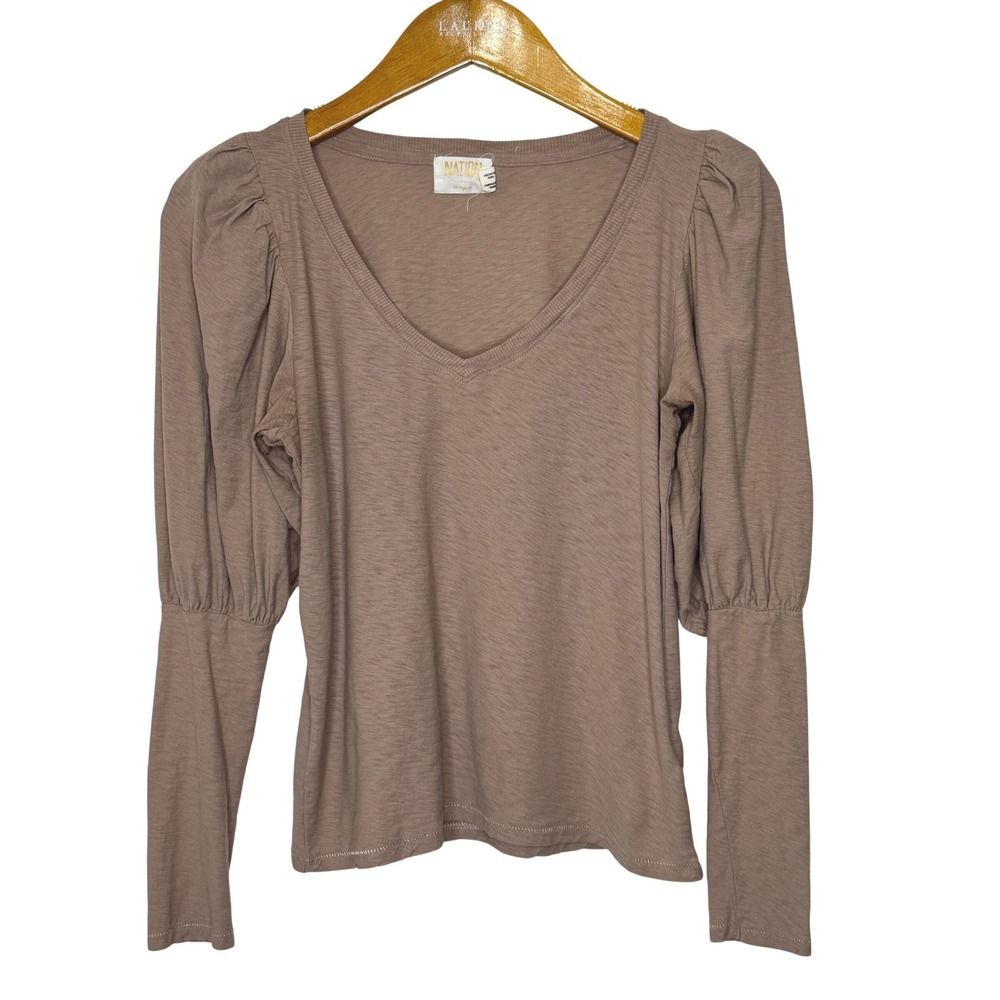 Nation‎ LTD Emilia V-Neck Puff Drama Sleeve Top Small Tan